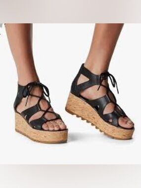 Sorel ‘Cameron’ Black Lace-Up Cork Wedge Platform Sandals